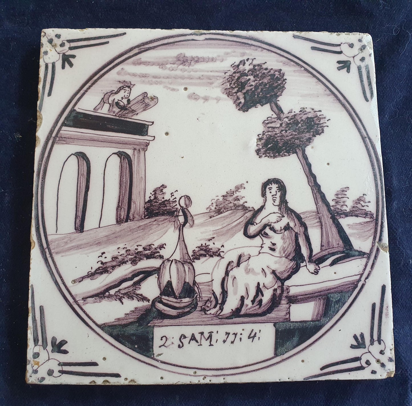 Delft tile, Dutch manganese biblical scene bible tile, 18th century , King David and Bathsheba.