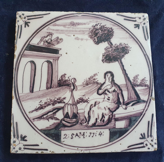 Delft tile, Dutch manganese biblical scene bible tile, 18th century , King David and Bathsheba.