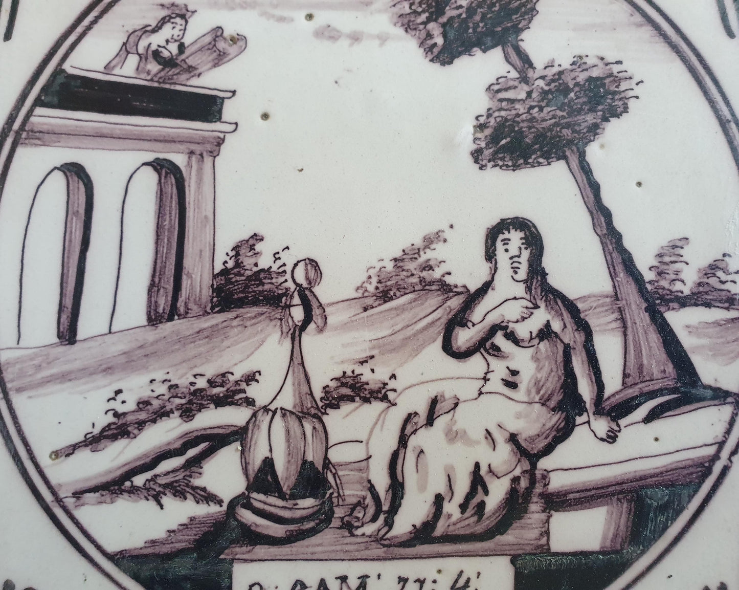 Delft tile, Dutch manganese biblical scene bible tile, 18th century , King David and Bathsheba.