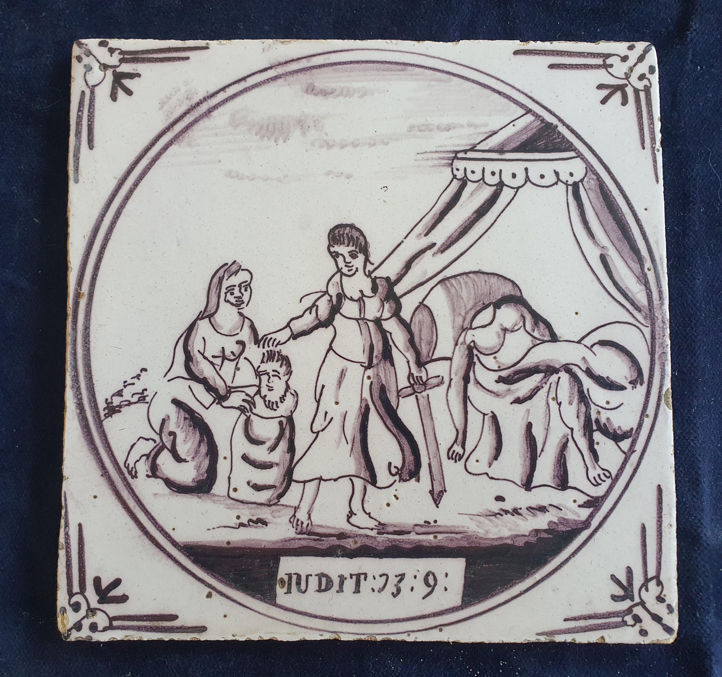 Delft tile, Dutch manganese biblical scene bible tile, 18th century , The beheading of the Assyrian army commander.