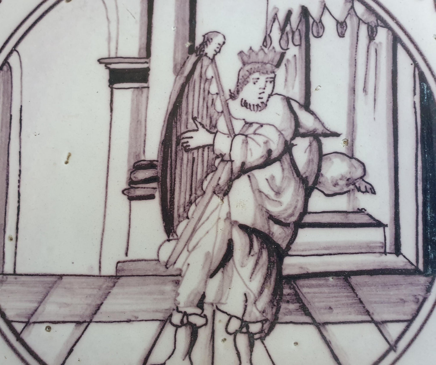 Delft tile, Dutch manganese biblical scene bible tile, 18th century , King David playing his harp.