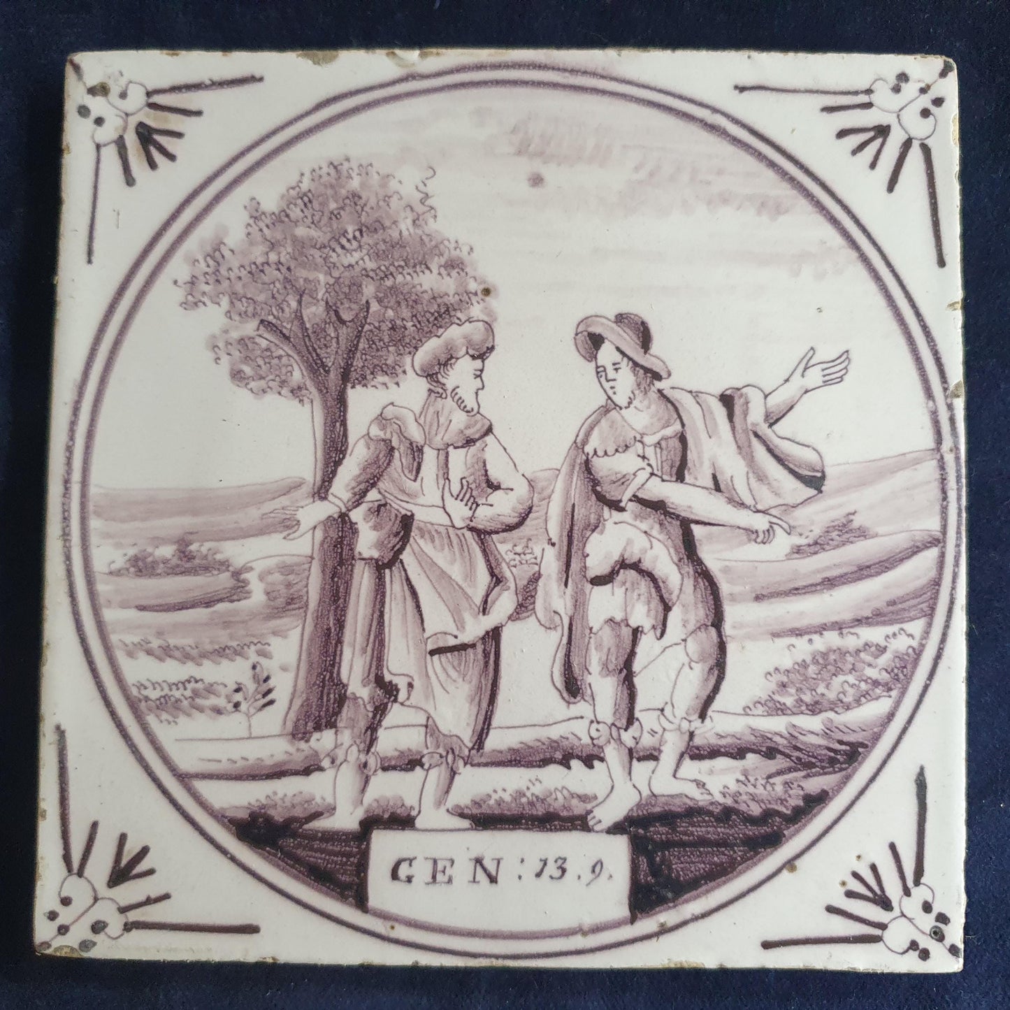 Delft tile, Dutch manganese biblical scene bible tile, 18th century , Abram and Lot decide to part ways.