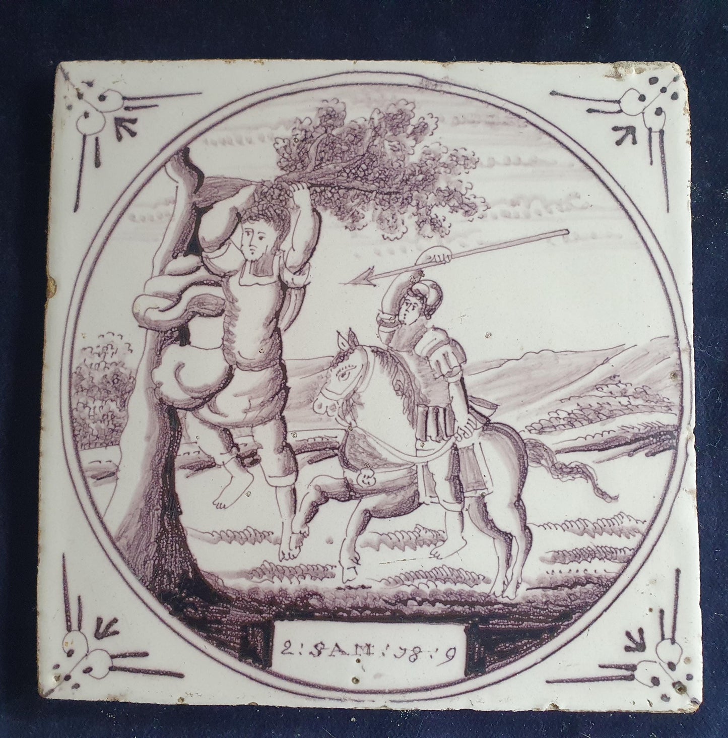 Delft tile, Dutch manganese biblical scene bible tile, 18th century , Absalom flees on horseback during a battle.