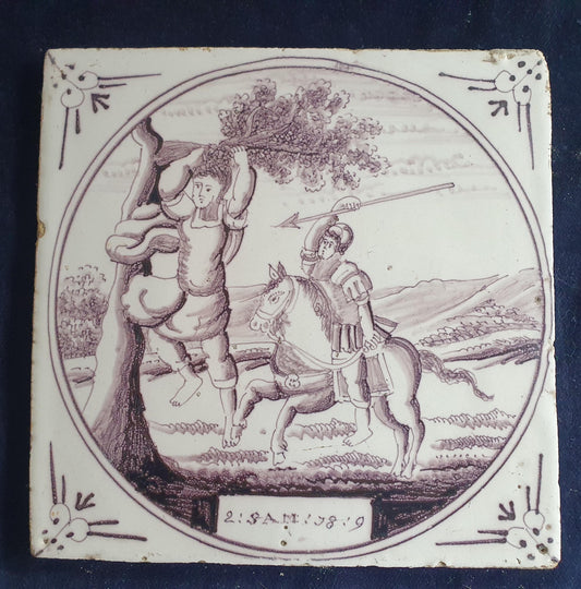 Delft tile, Dutch manganese biblical scene bible tile, 18th century , Absalom flees on horseback during a battle.