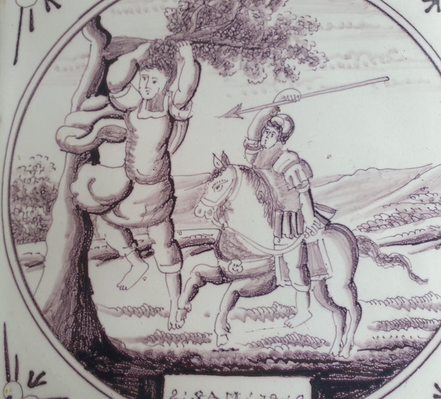 Delft tile, Dutch manganese biblical scene bible tile, 18th century , Absalom flees on horseback during a battle.