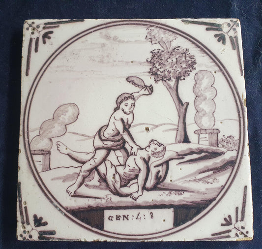 Delft tile, Dutch manganese biblical scene bible tile, 18th century ,Gen 4-8