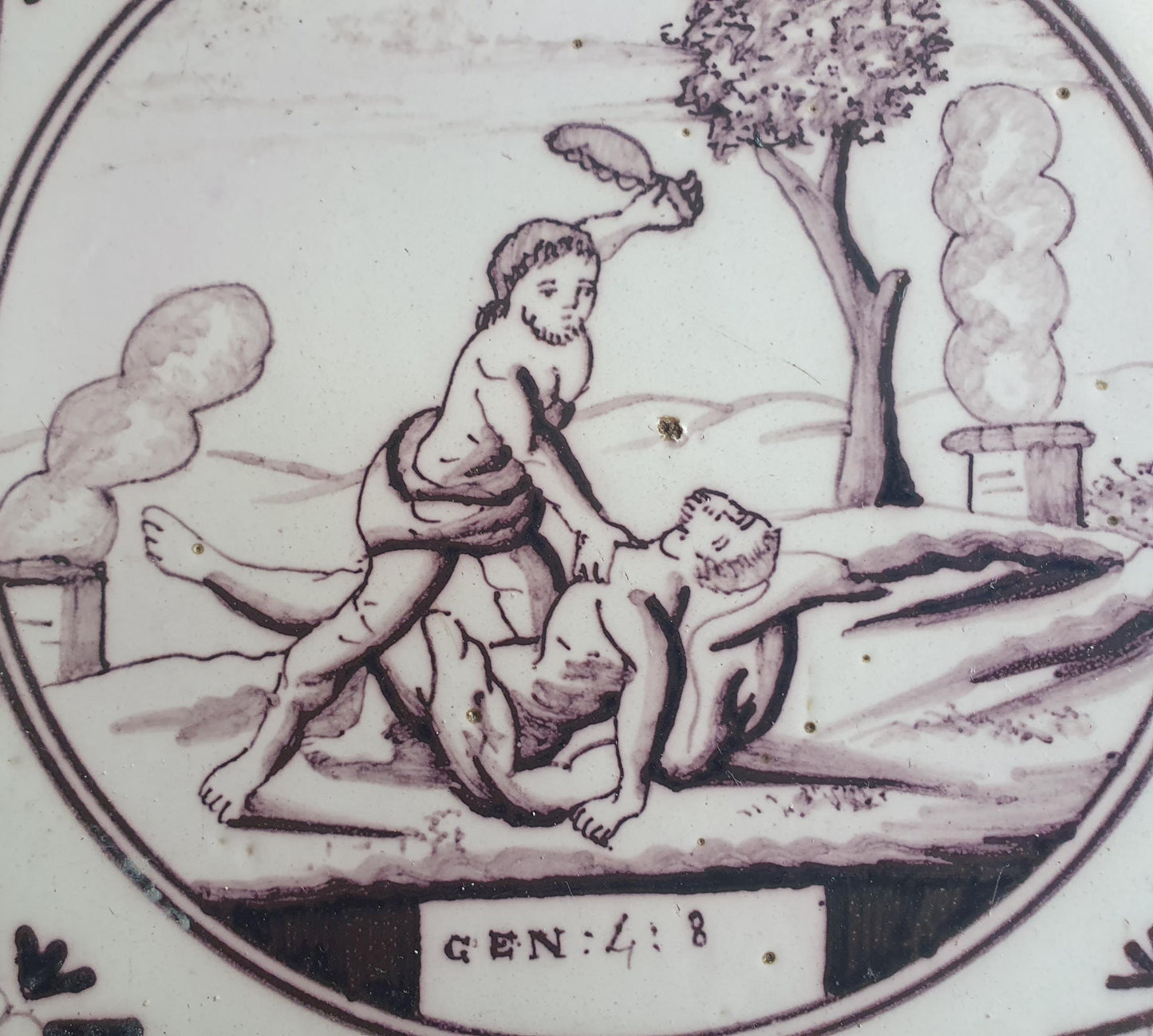 Delft tile, Dutch manganese biblical scene bible tile, 18th century ,Gen 4-8