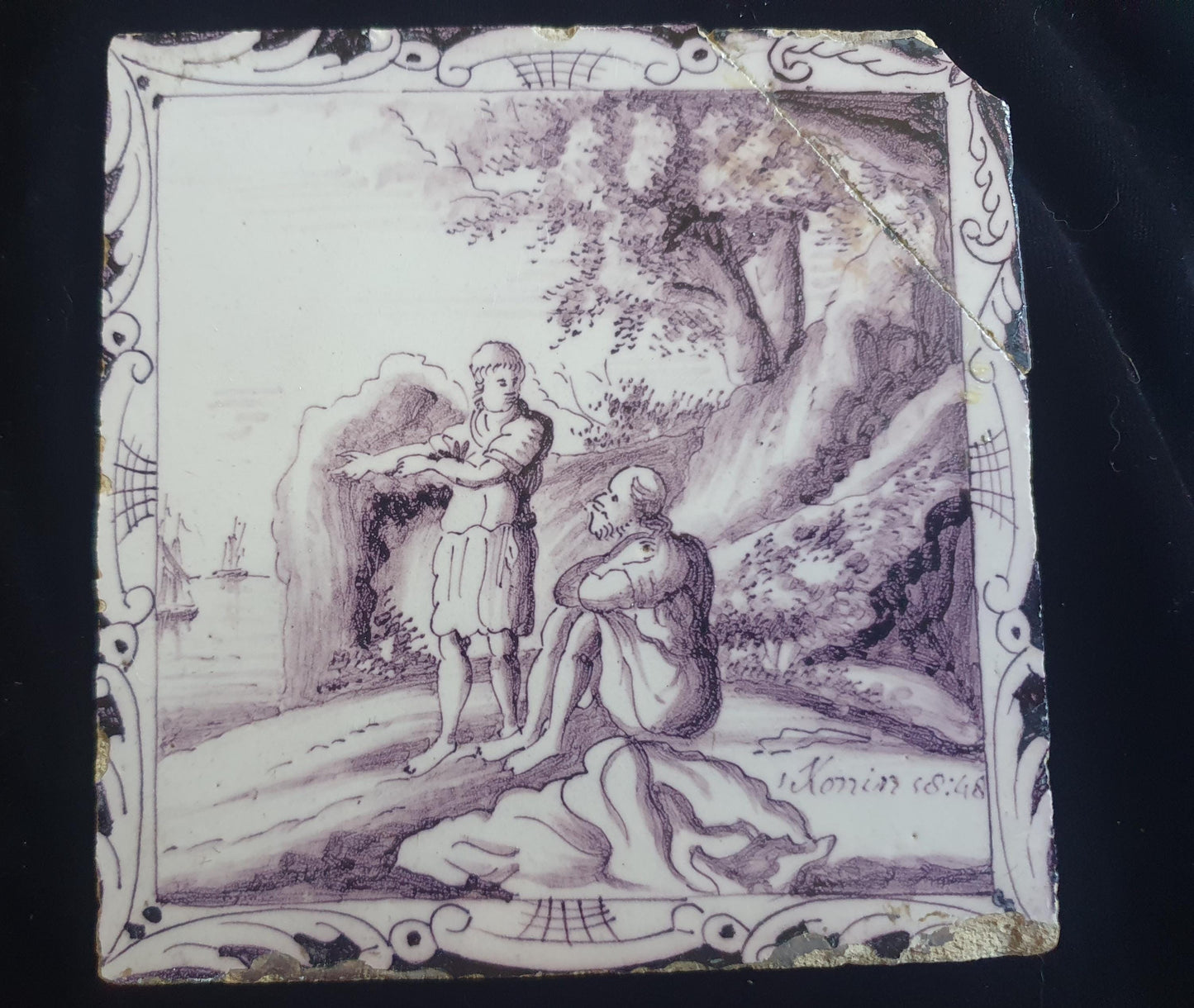 Delft tile, Dutch manganese biblical scene bible tile, 18th century ,Temptation of Jesus in the wilderness.