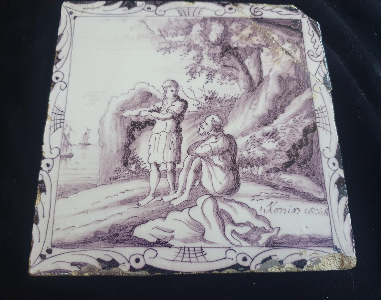 Delft tile, Dutch manganese biblical scene bible tile, 18th century ,Temptation of Jesus in the wilderness.