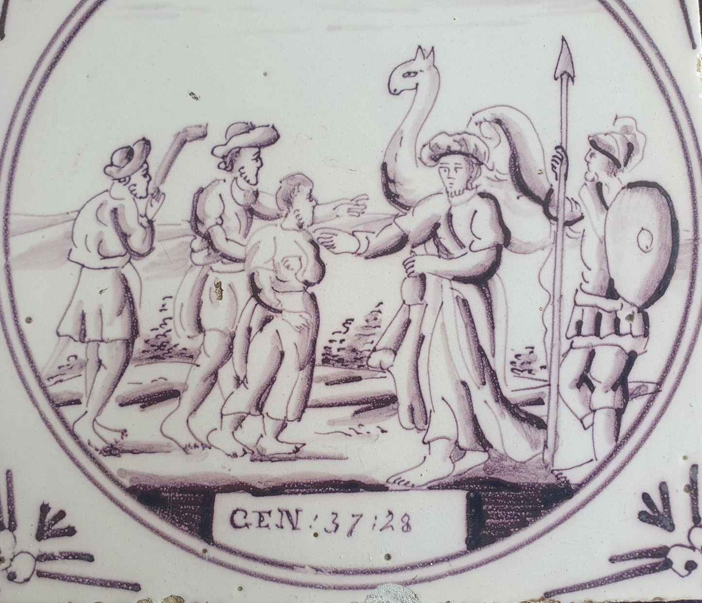 Delft tile, Dutch manganese biblical scene bible tile, 18th century ,Gen 37-28