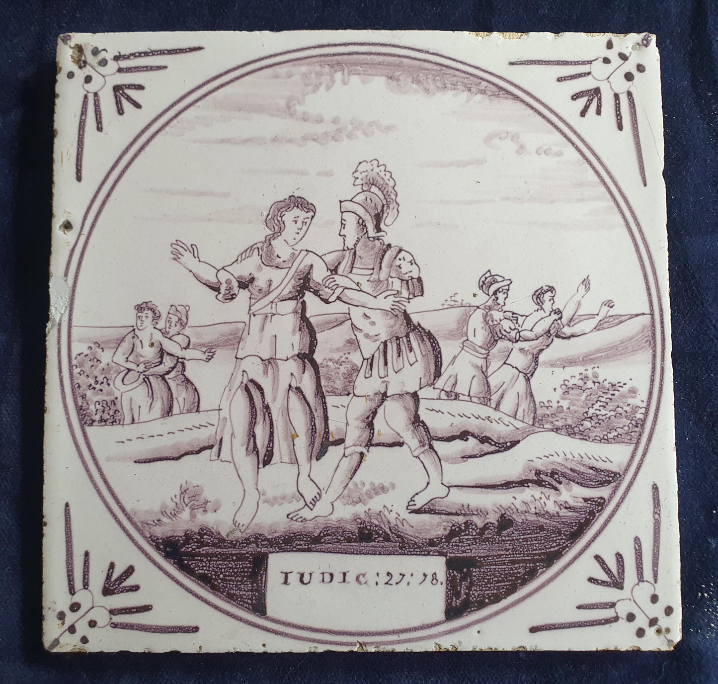 Delft tile, Dutch manganese biblical scene bible tile, 18th century ,IUDIC 21-25