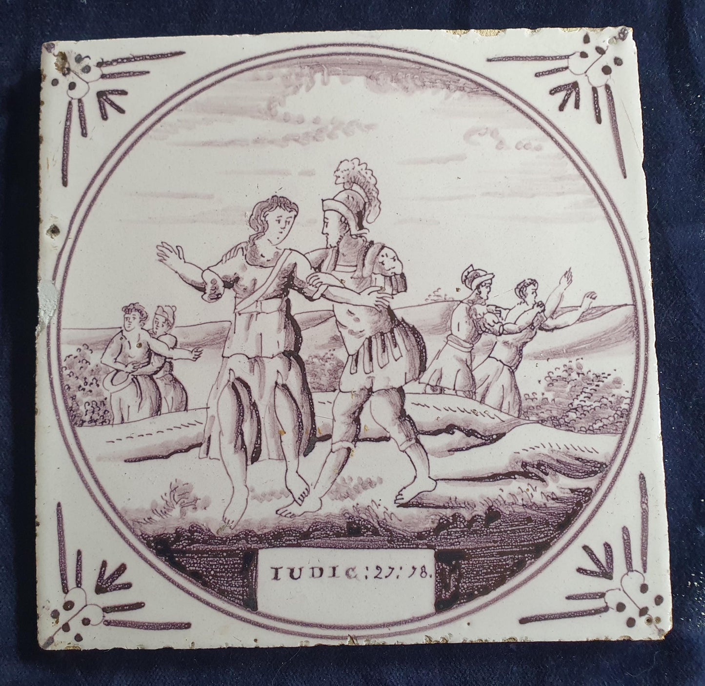 Delft tile, Dutch manganese biblical scene bible tile, 18th century ,IUDIC 21-25