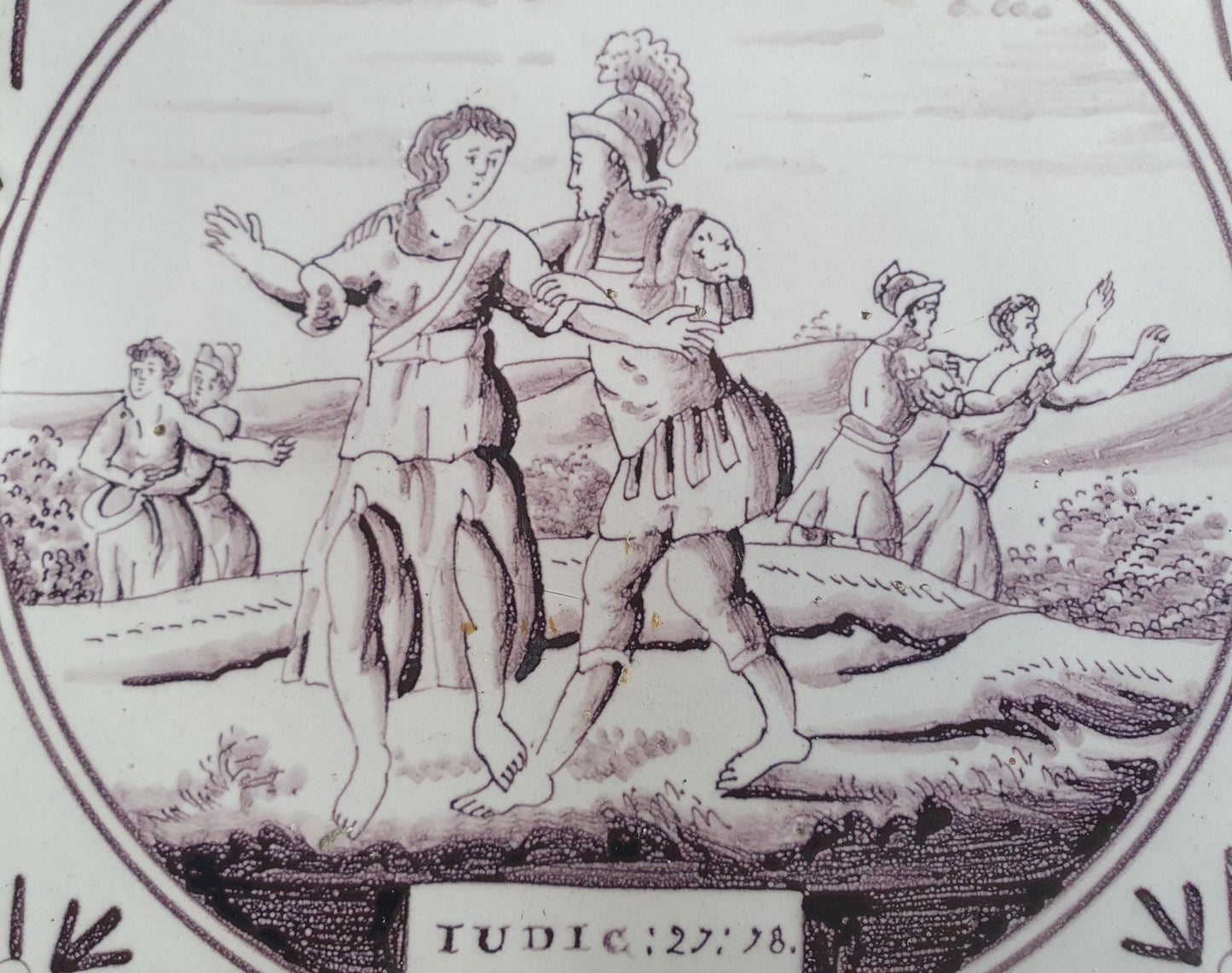 Delft tile, Dutch manganese biblical scene bible tile, 18th century ,IUDIC 21-25