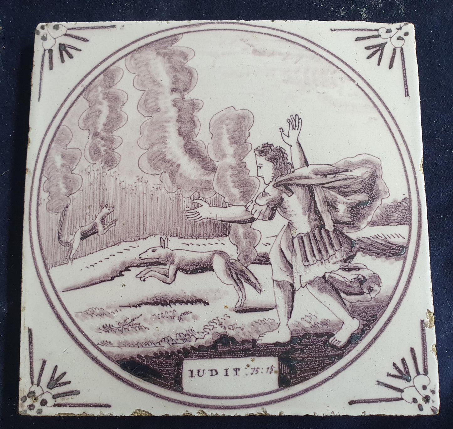 Delft tile, Dutch manganese biblical scene bible tile, 18th century ,IUDIC 15-15
