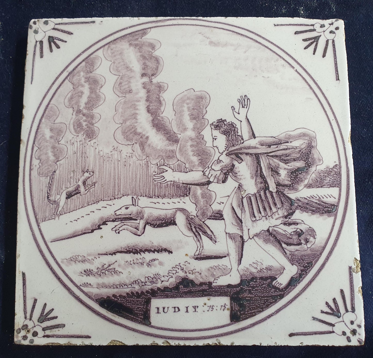 Delft tile, Dutch manganese biblical scene bible tile, 18th century ,IUDIC 15-15