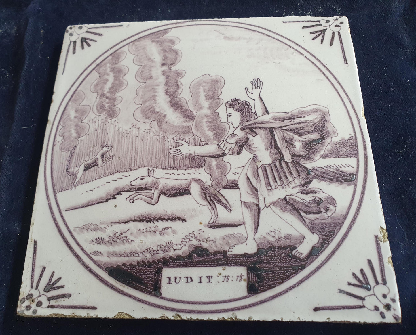 Delft tile, Dutch manganese biblical scene bible tile, 18th century ,IUDIC 15-15