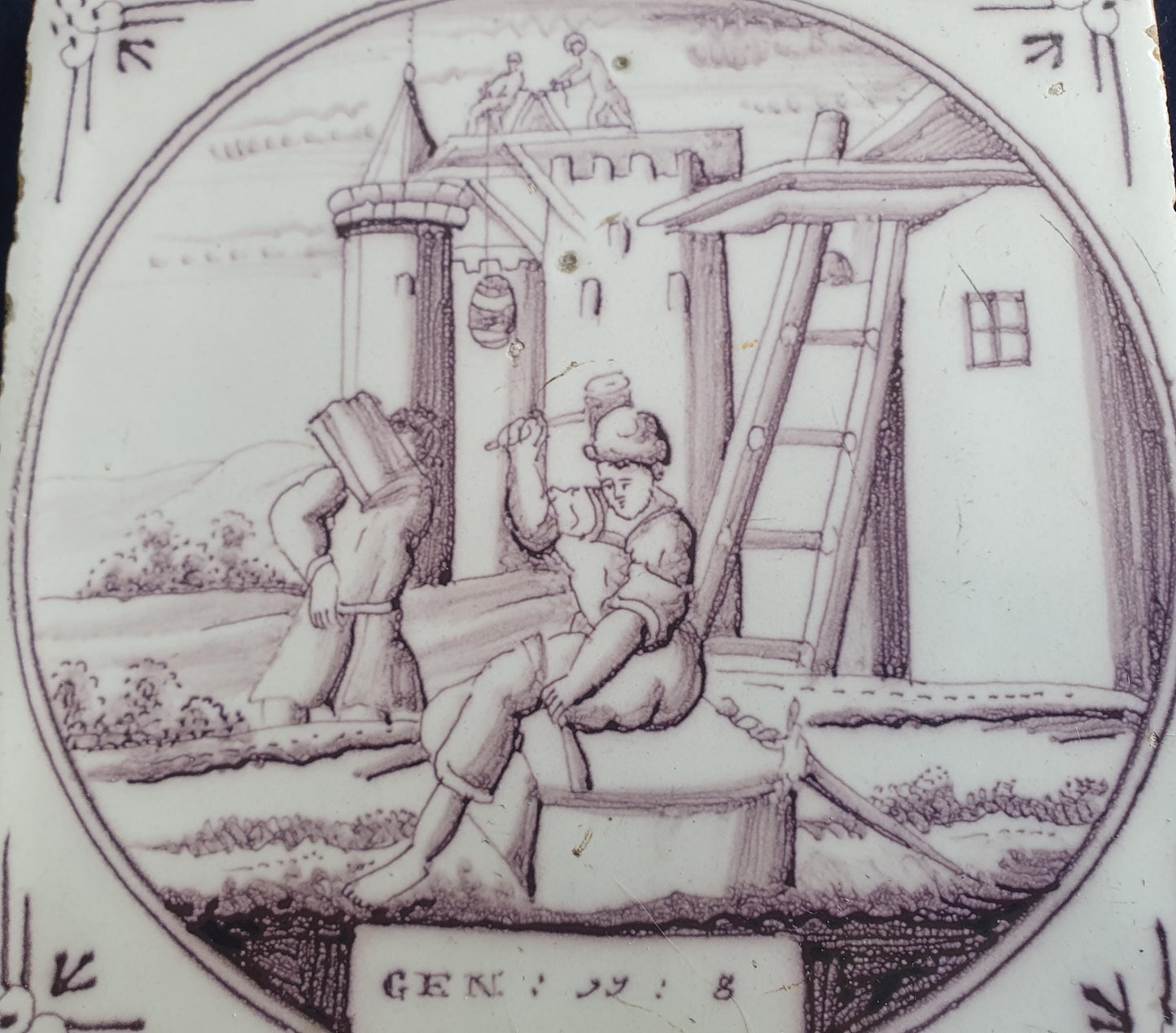 Delft tile, Dutch manganese biblical scene bible tile, 18th century ,Tower of Babel