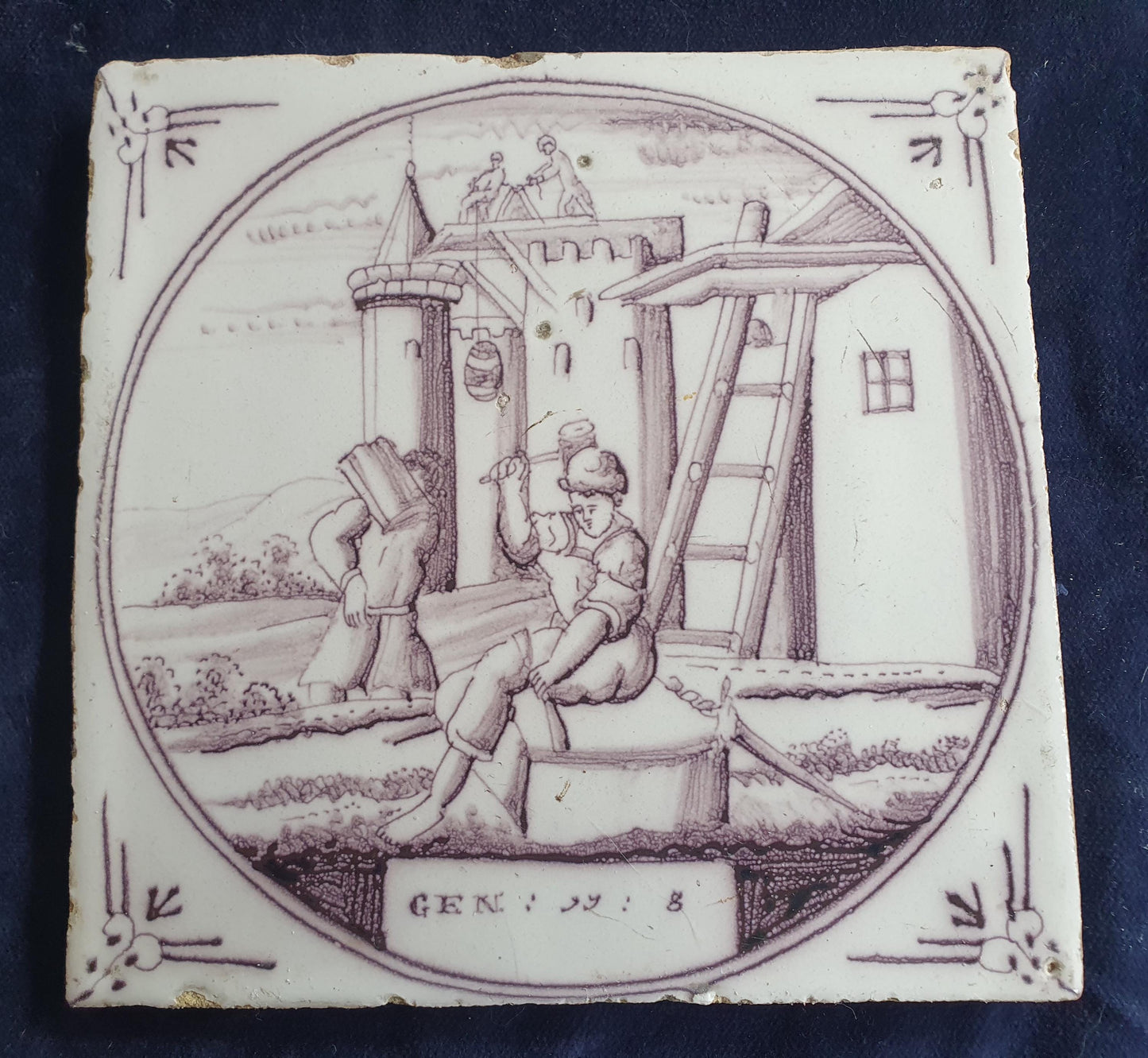 Delft tile, Dutch manganese biblical scene bible tile, 18th century ,Tower of Babel