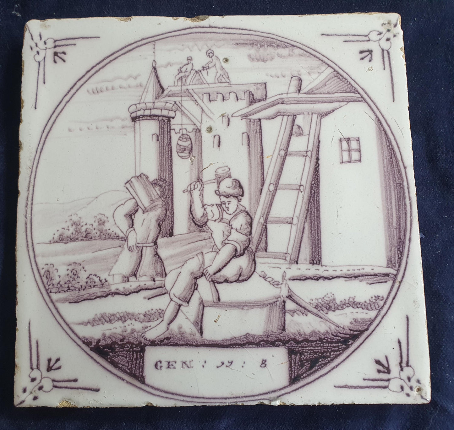 Delft tile, Dutch manganese biblical scene bible tile, 18th century ,Tower of Babel