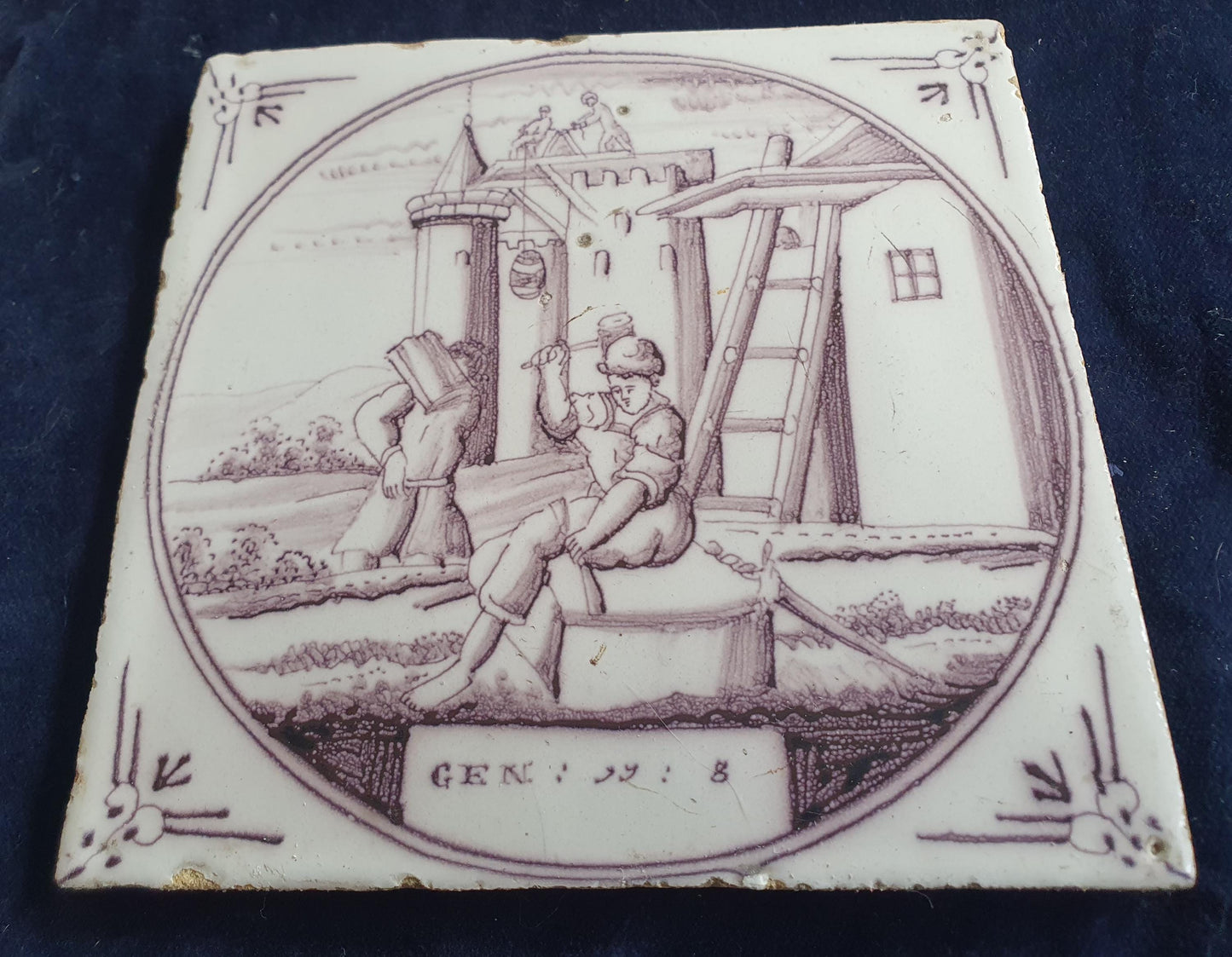 Delft tile, Dutch manganese biblical scene bible tile, 18th century ,Tower of Babel