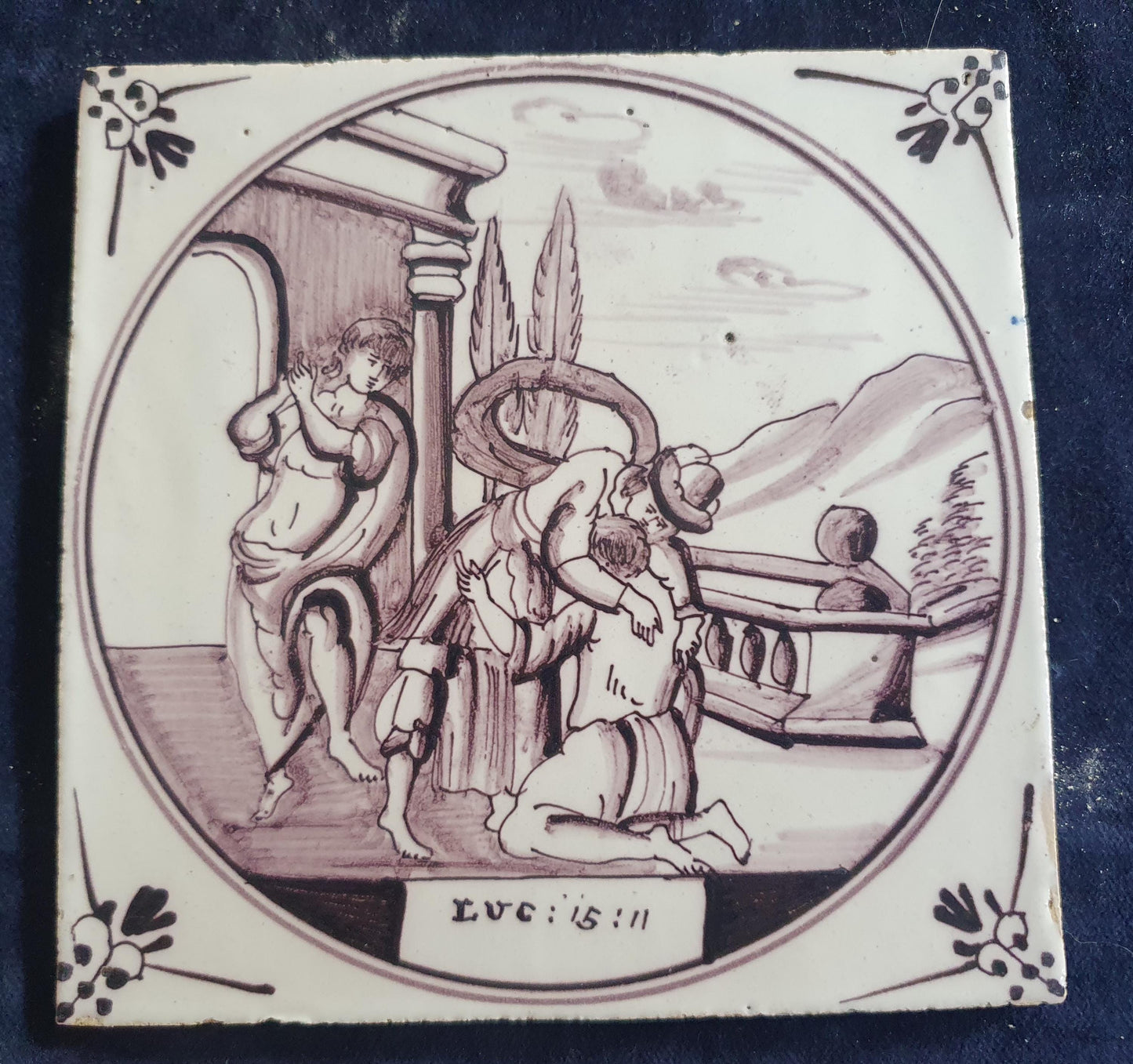 Delft tile, Dutch manganese biblical scene bible tile, 18th century,The Miraculous Catch of Fish.