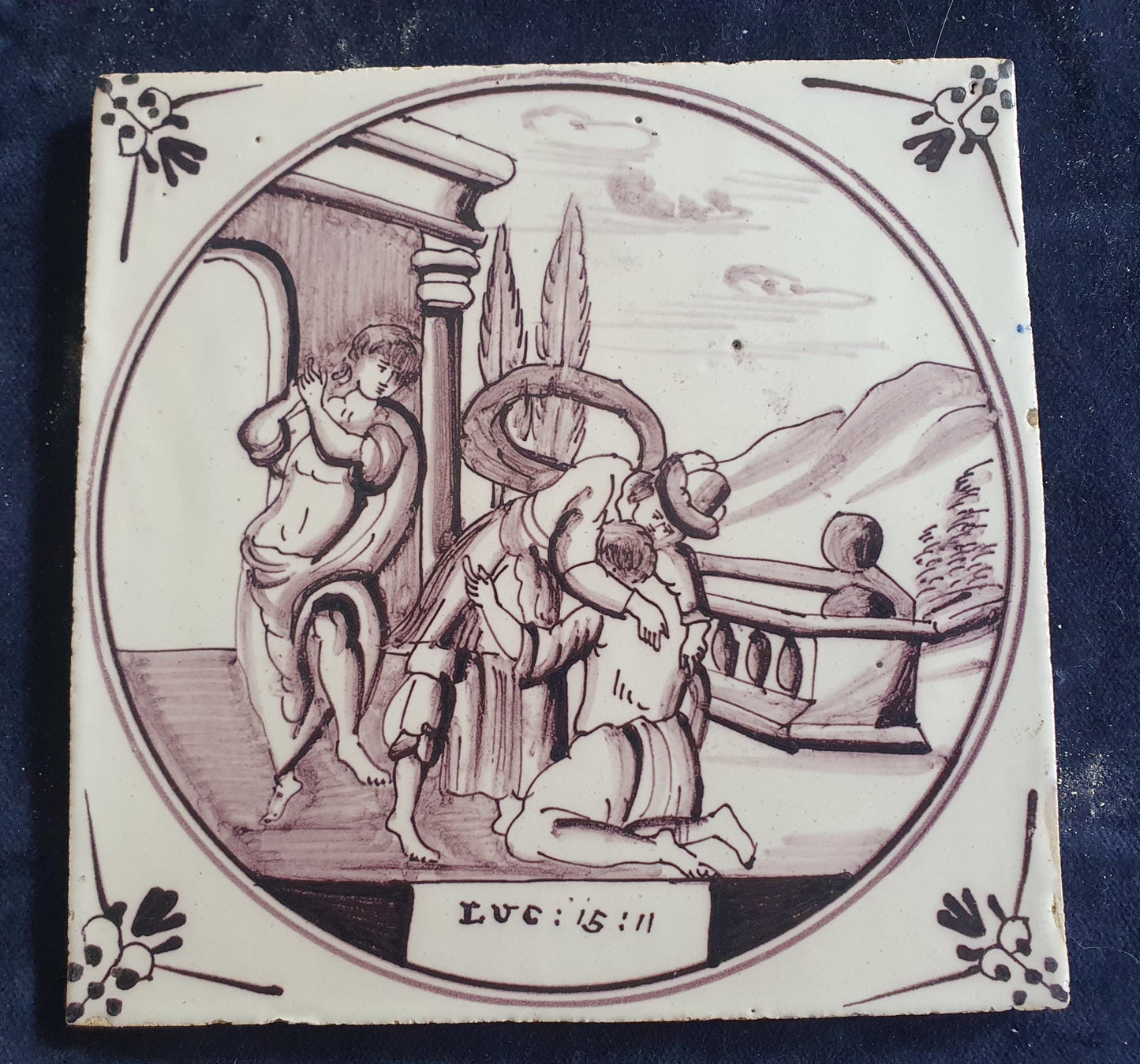 Delft tile, Dutch manganese biblical scene bible tile, 18th century,The Miraculous Catch of Fish.