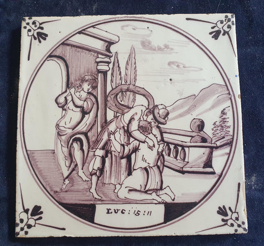 Delft tile, Dutch manganese biblical scene bible tile, 18th century,The Miraculous Catch of Fish.