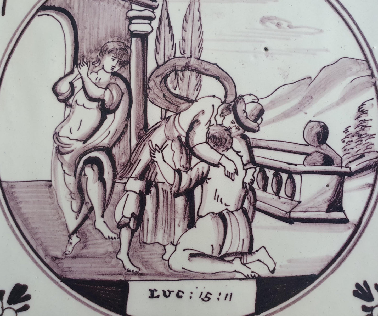 Delft tile, Dutch manganese biblical scene bible tile, 18th century,The Miraculous Catch of Fish.