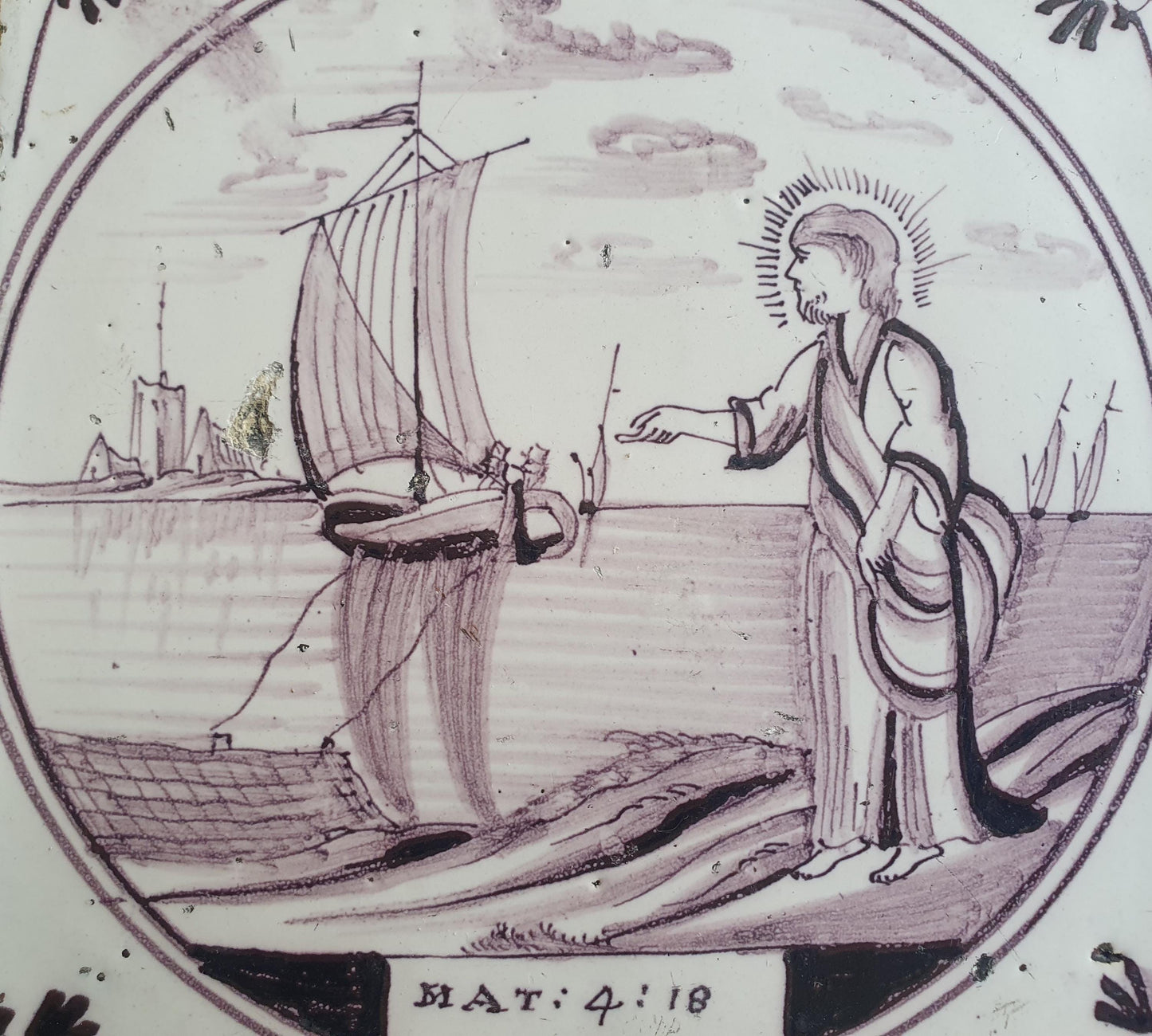 Delft tile, Dutch manganese biblical scene bible tile, 18th , Call of the first disciples.