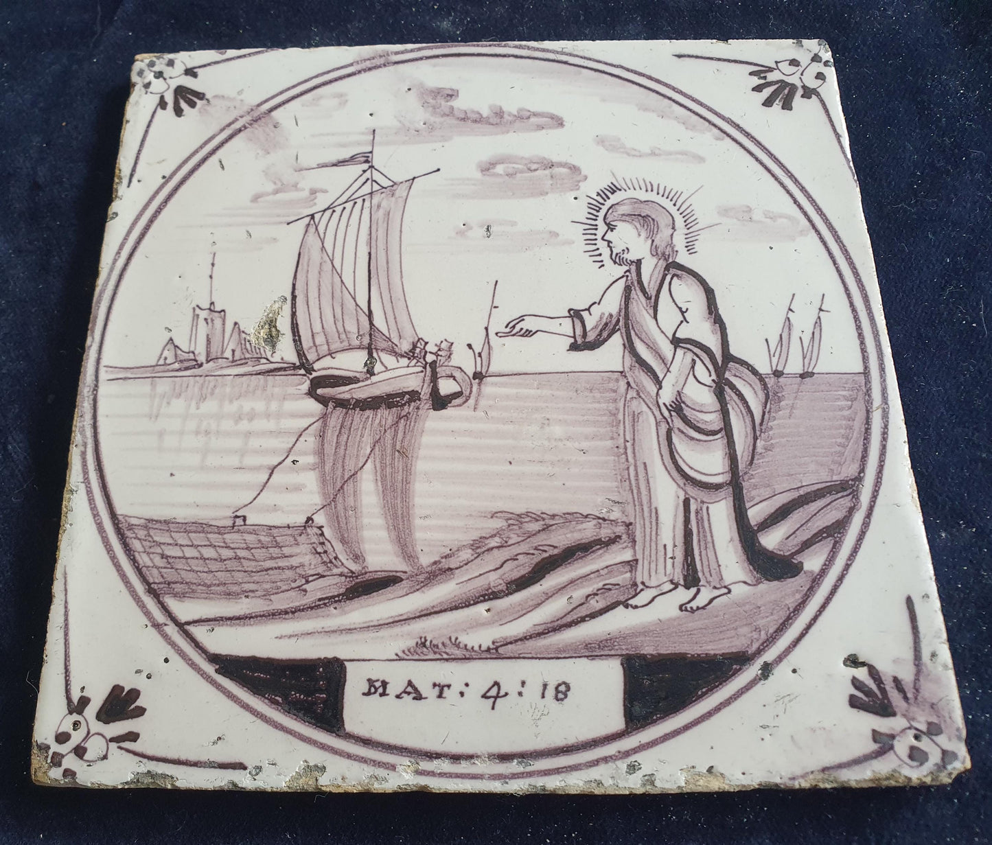 Delft tile, Dutch manganese biblical scene bible tile, 18th , Call of the first disciples.