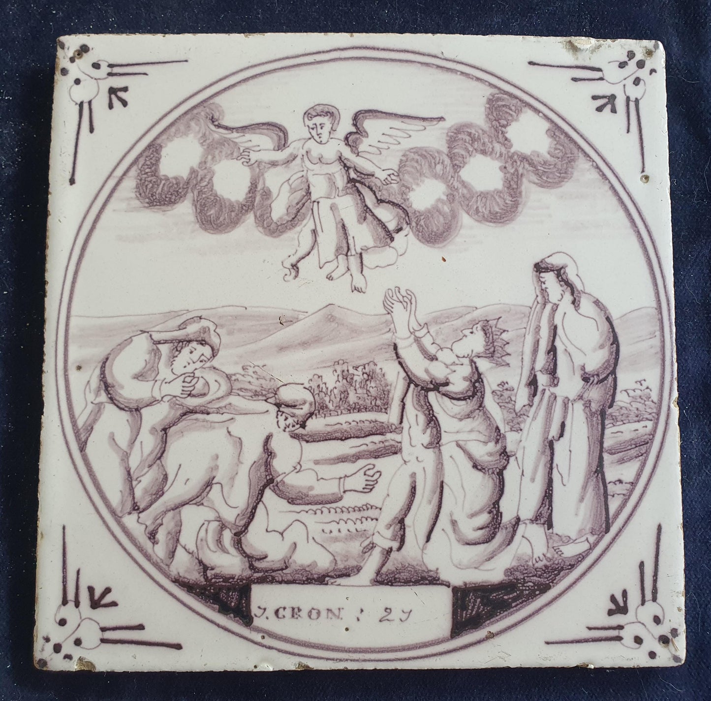 Delft tile, Dutch manganese biblical scene bible tile, 18th century, Chronicles Chapter 20