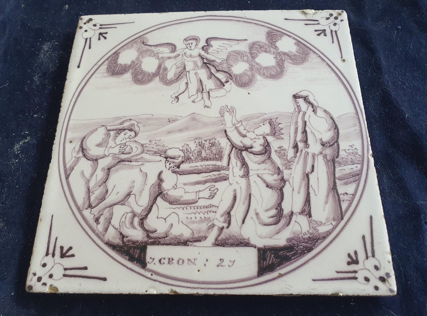 Delft tile, Dutch manganese biblical scene bible tile, 18th century, Chronicles Chapter 20
