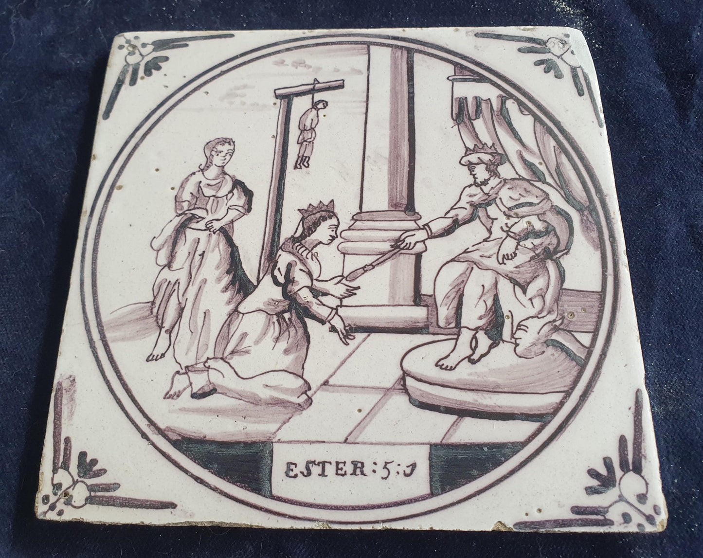 Delft tile, Dutch manganese biblical scene bible tile, 18th century, Ester :5-1