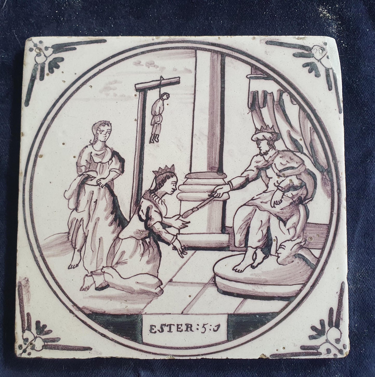 Delft tile, Dutch manganese biblical scene bible tile, 18th century, Ester :5-1