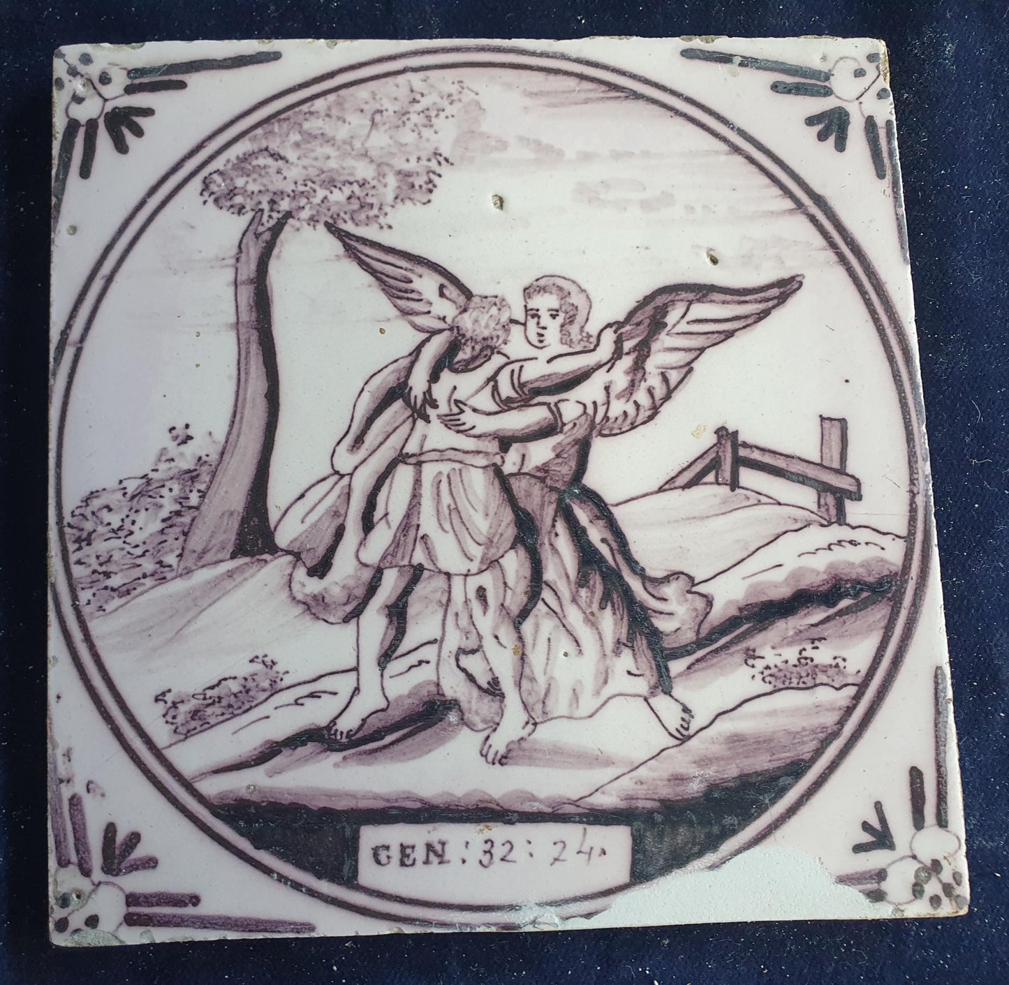 Delft tile, Dutch manganese biblical scene bible tile, 18th century,Gen:32-24