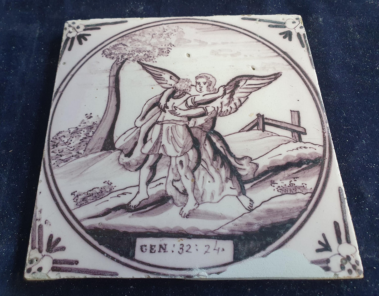 Delft tile, Dutch manganese biblical scene bible tile, 18th century,Gen:32-24