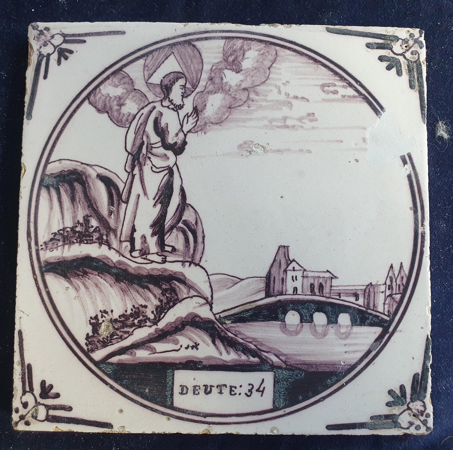 Delft tile, Dutch manganese biblical scene bible tile, 18th century, Deute:34