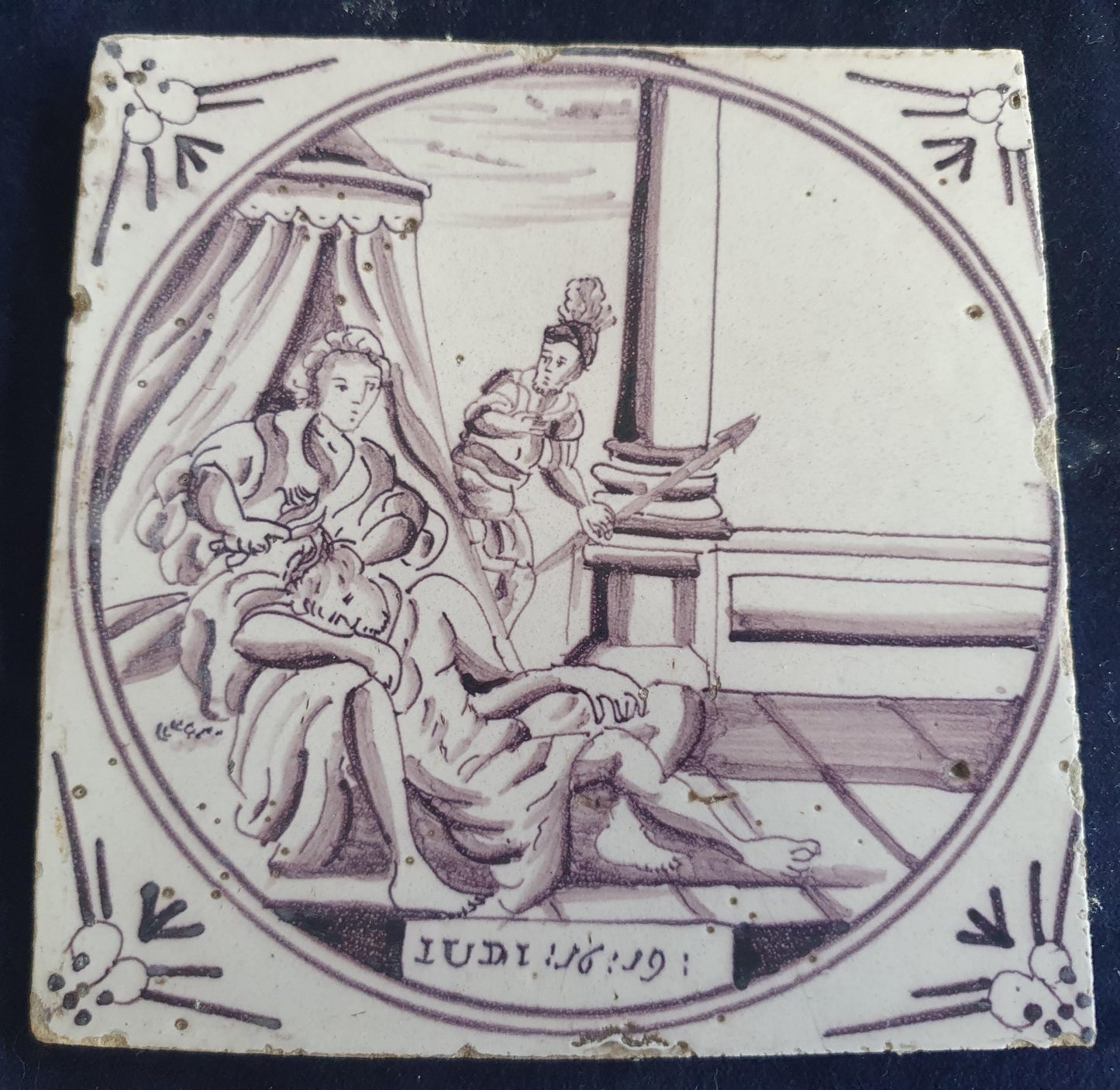 Delft tile, Dutch manganese biblical scene bible tile, 18th century,Judith and Holofernes