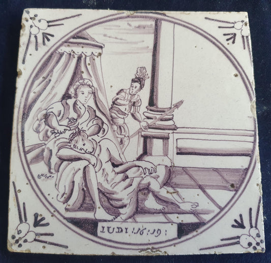 Delft tile, Dutch manganese biblical scene bible tile, 18th century,Judith and Holofernes