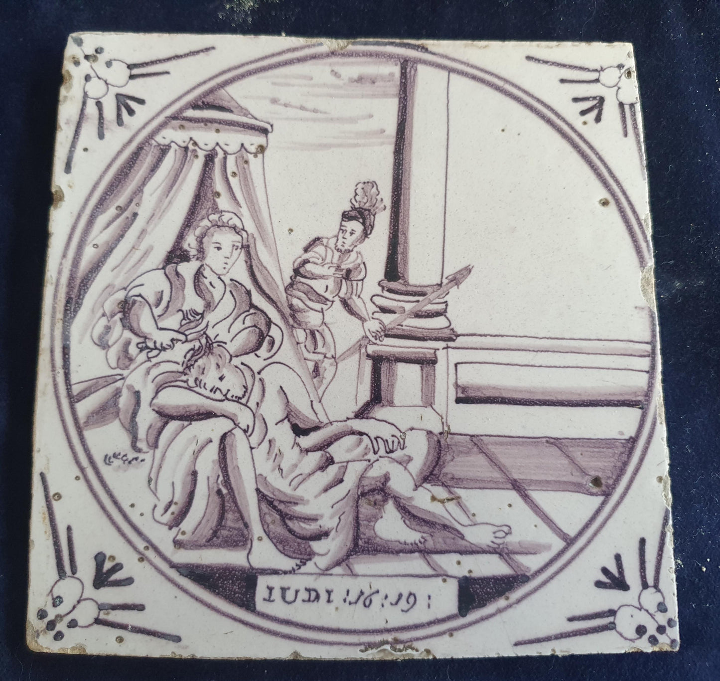 Delft tile, Dutch manganese biblical scene bible tile, 18th century,Judith and Holofernes
