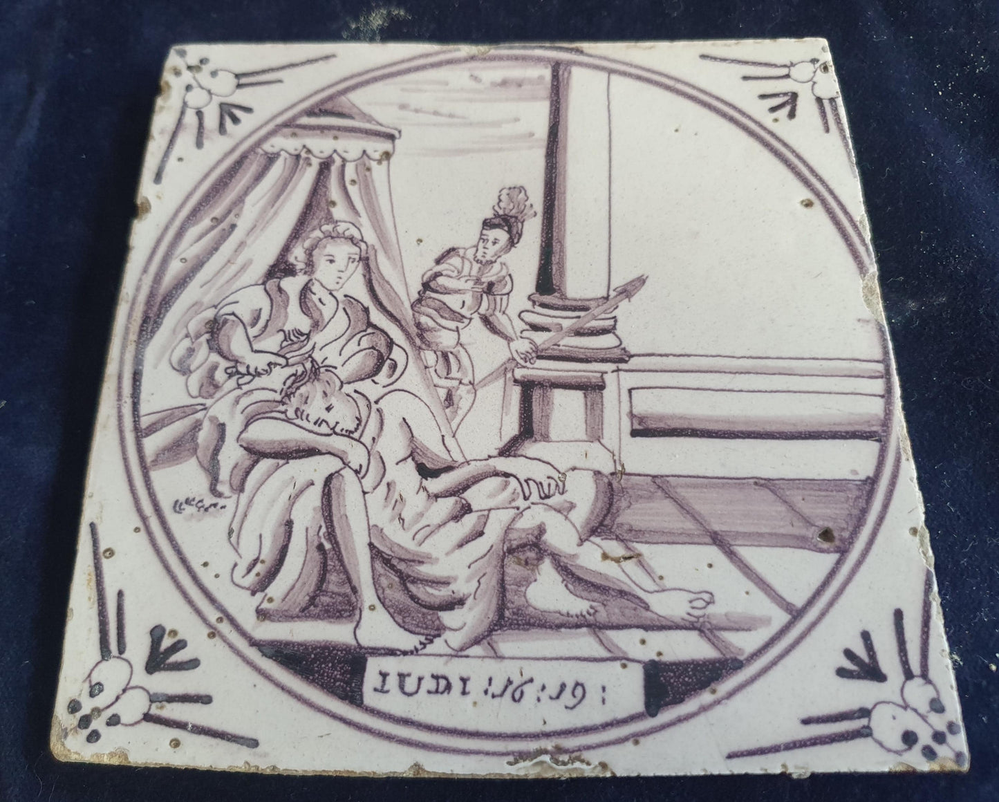 Delft tile, Dutch manganese biblical scene bible tile, 18th century,Judith and Holofernes