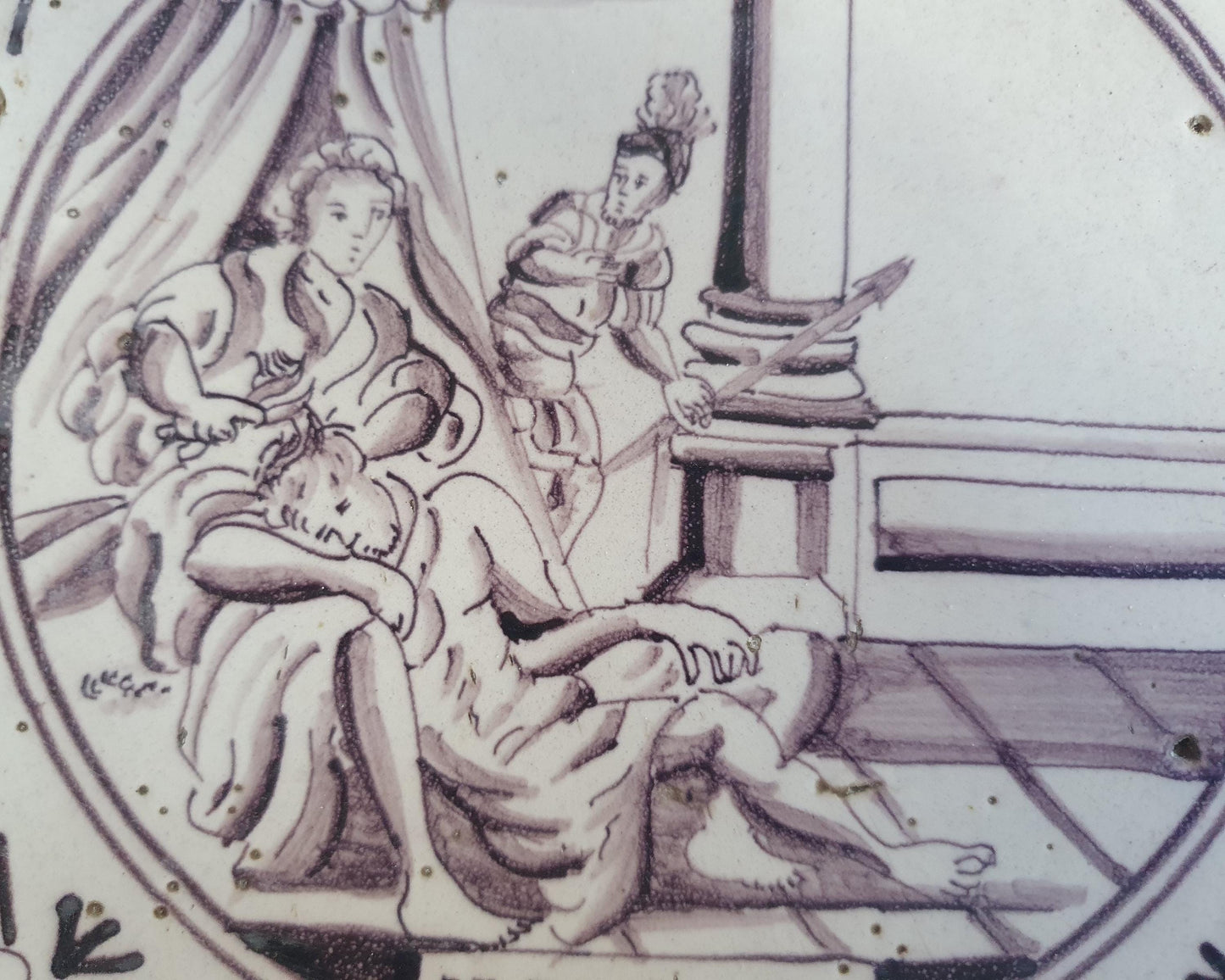 Delft tile, Dutch manganese biblical scene bible tile, 18th century,Judith and Holofernes