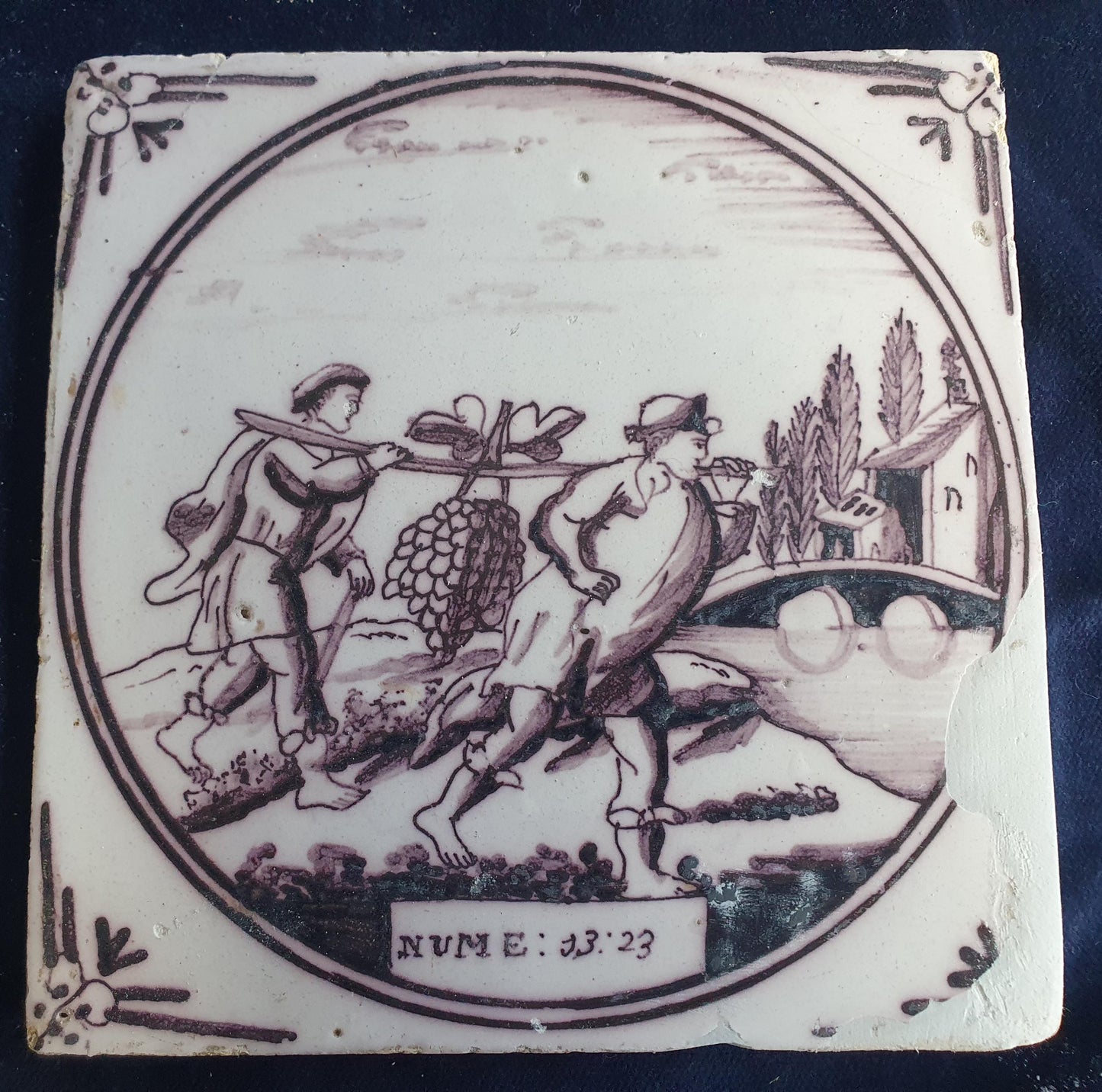 Delft tile, Dutch manganese biblical scene bible tile, 18th century, The Spies of Canaan