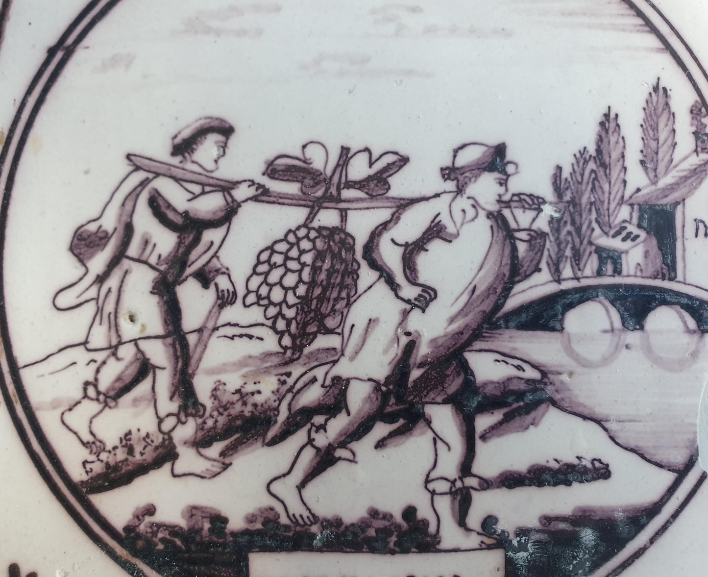 Delft tile, Dutch manganese biblical scene bible tile, 18th century, The Spies of Canaan