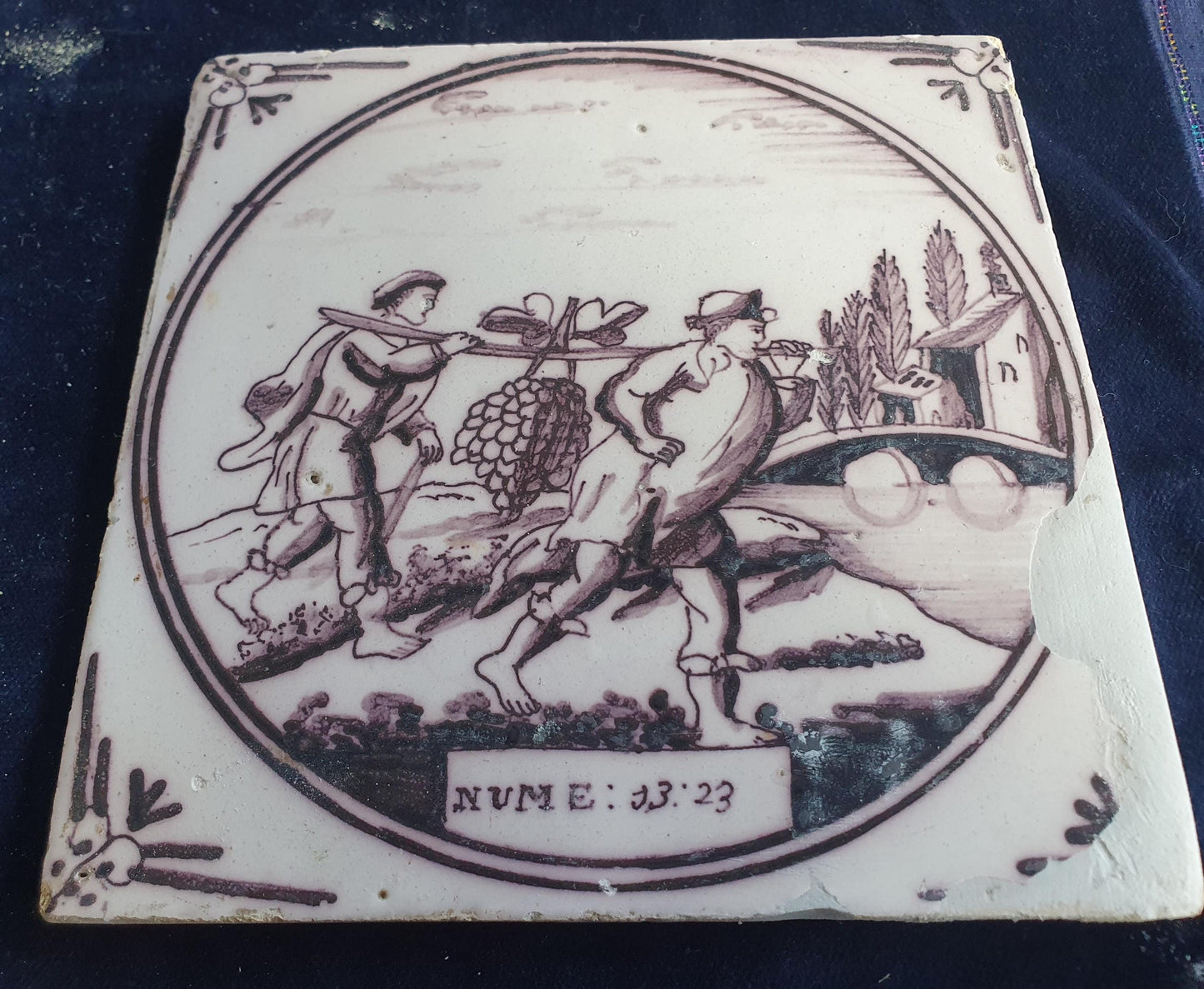 Delft tile, Dutch manganese biblical scene bible tile, 18th century, The Spies of Canaan