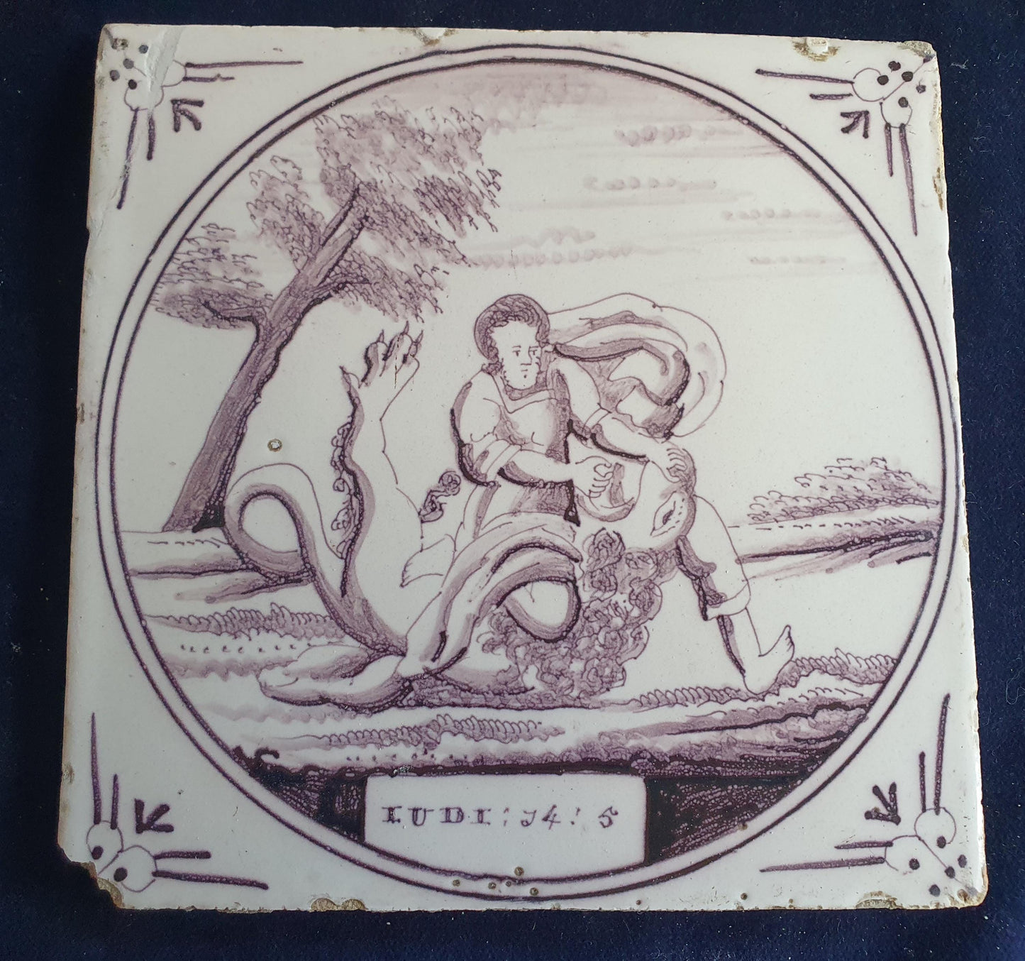 Delft tile, Dutch manganese biblical scene bible tile, 18th century.
