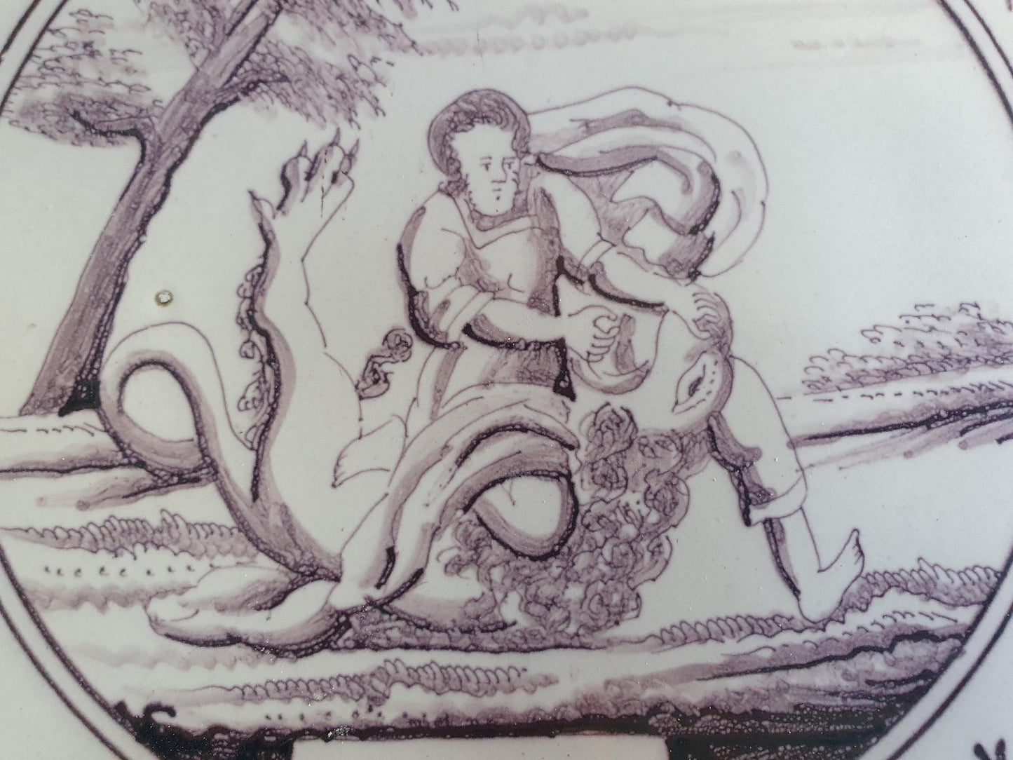 Delft tile, Dutch manganese biblical scene bible tile, 18th century.