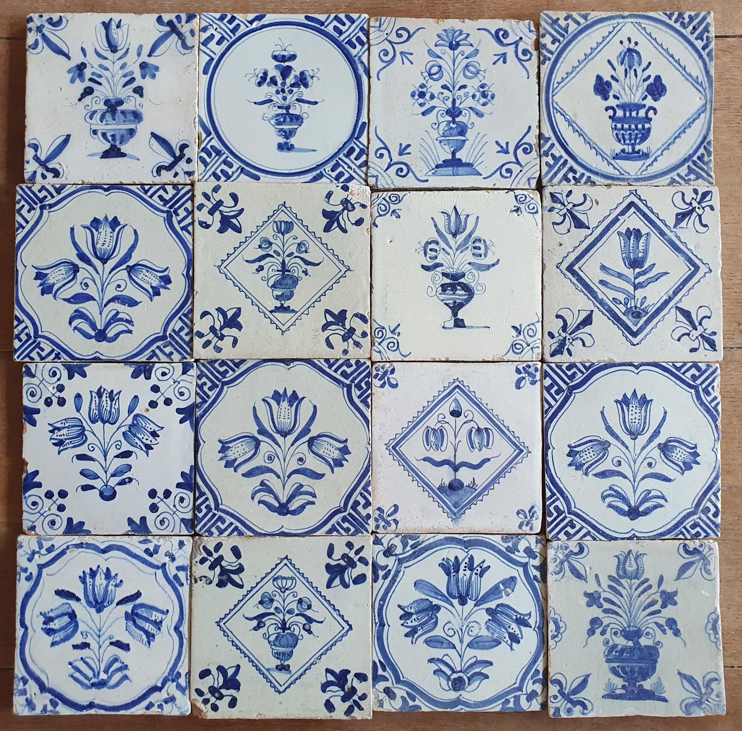 16 xAntique Delft Tulip Tiles, 17th Century Dutch Tilefield (16pc) Around 1620-1640