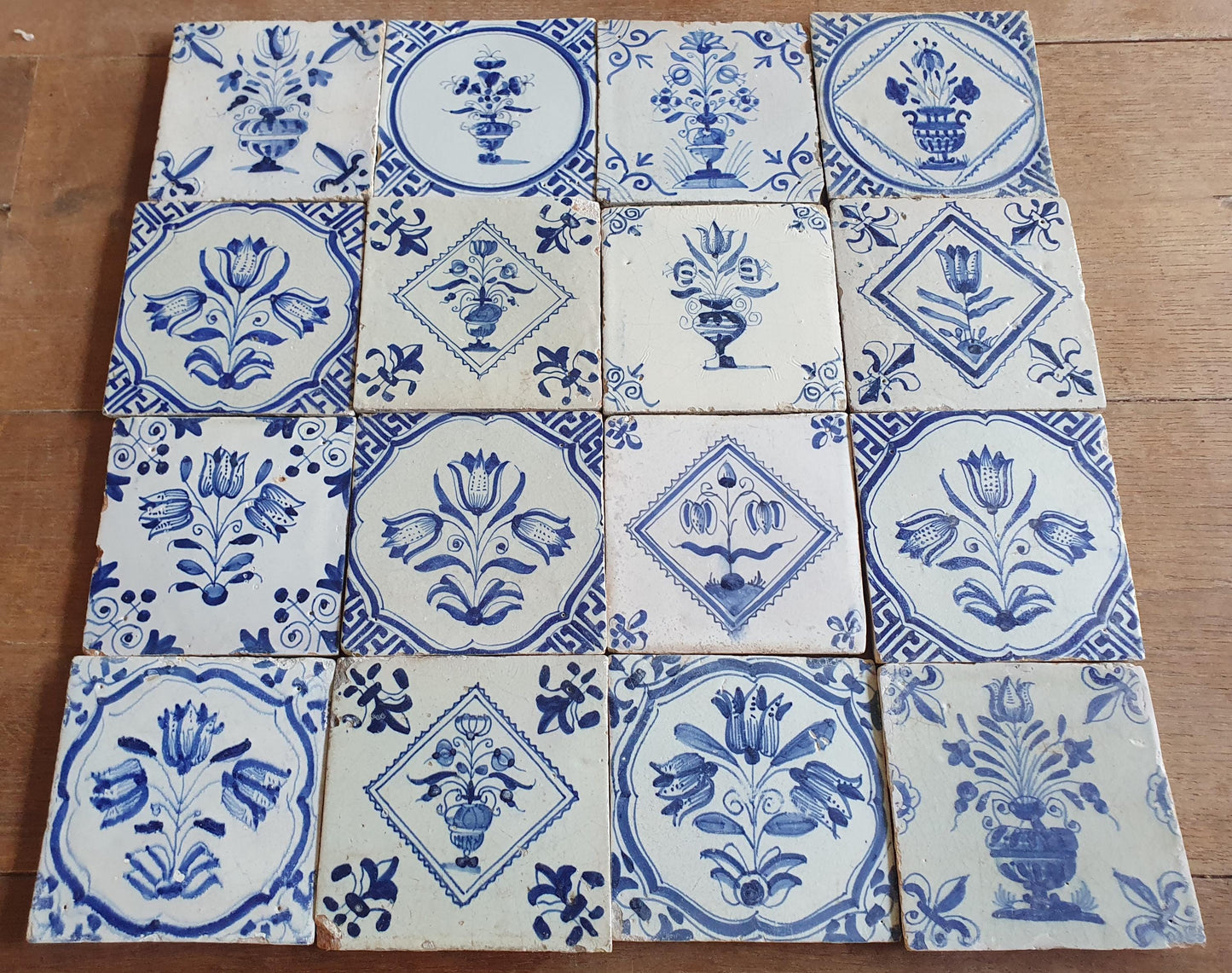 16 xAntique Delft Tulip Tiles, 17th Century Dutch Tilefield (16pc) Around 1620-1640