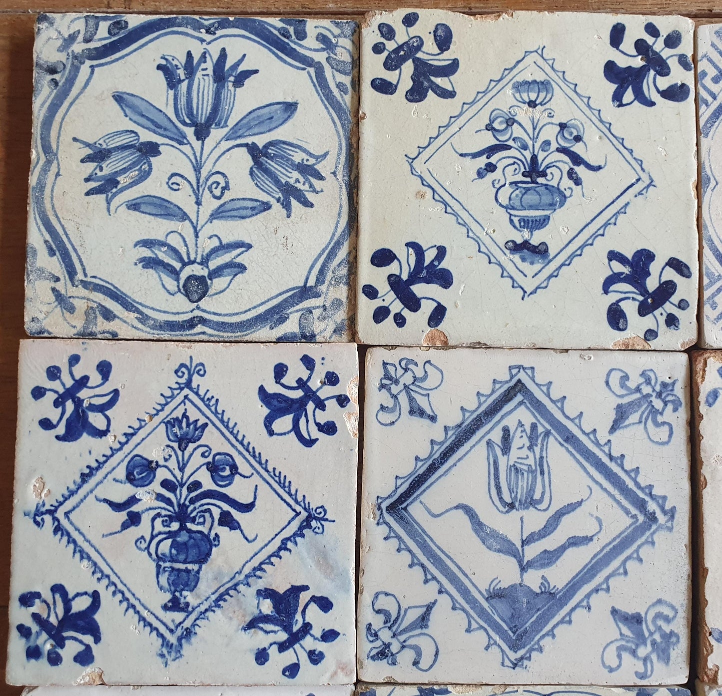 9 xAntique Delft Tulip Tiles, 17th Century Dutch Tilefield (9 pc) Around 1620-1640.